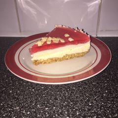 A picture of White Chocolate and Strawberry Jelly Cheesecake.