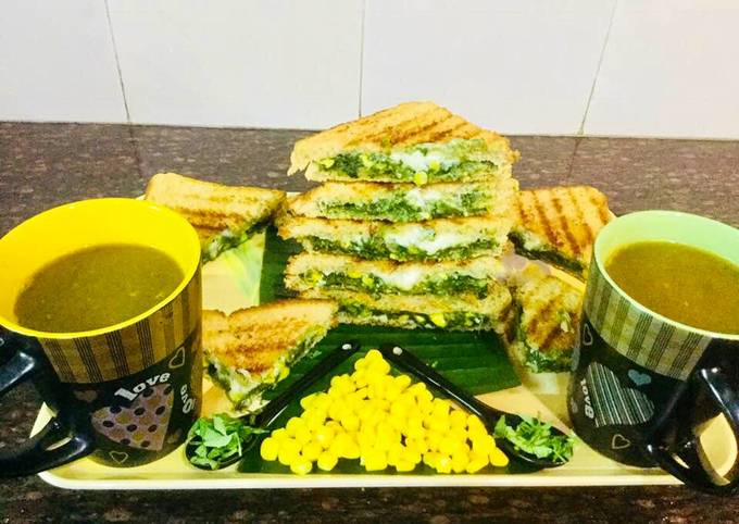 Spinach-Cheese Corns Grilled Sandwich With Mixed Veg Soup
