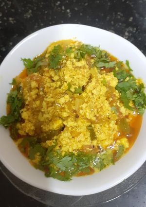 A picture of Tofu or soya milk paneer bhurjee.