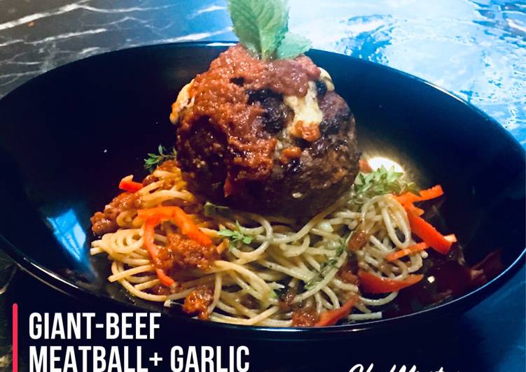 Steps to Make Speedy CHEESY-MEATY-HERBY  Giant Stuffed Beef Meatball with Garlic Butter Scallions and Mushrooms Spaghetti