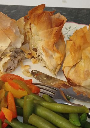 A picture of Chicken, mozzerella filo parcels.