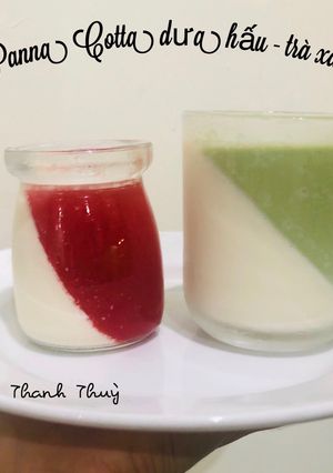 Hình của món Panna cotta dưa hấu, trà xanh.
