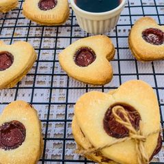 A picture of Eggless Jam heart ❤️ Biscuits (Bakery style).