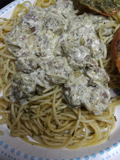 A picture of Emerald Spaghetti and Meatballs.