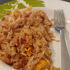 A picture of Egg fried rice... and some chicken.