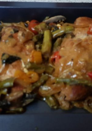 A picture of My Mango Chutney sweet Chilli Chicken & Mushrooms. Slow cooked.