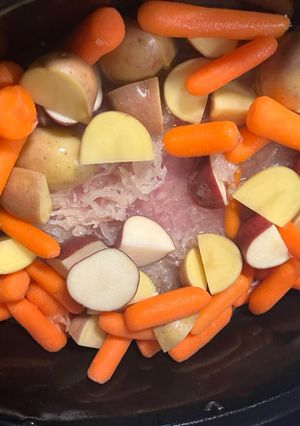 A picture of Corn Beef Hash Brisket in the Crockpot - Happy St. Patrick’s Day!.