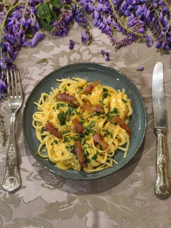 A picture of Lemon Carbonara with Guanciale and Mint.