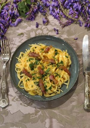 A picture of Lemon Carbonara with Guanciale and Mint.