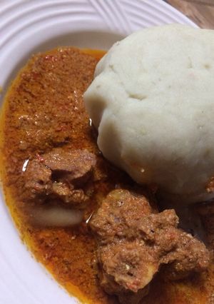 A picture of Pounded yam with egusi soup.