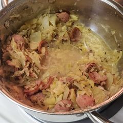 Kielbasa with apples and sauerkraut A picture of Kielbasa with apples and sauerkraut.