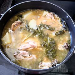 A picture of Winter Chicken Soup with Veges & Roast Butternut in oven.