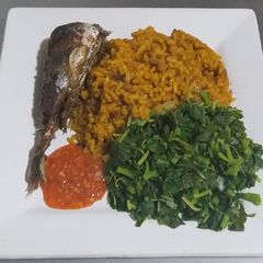 A picture of Jollof Rice and Beans.