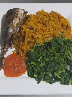 A picture of Jollof Rice and Beans.