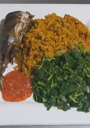 A picture of Jollof Rice and Beans.