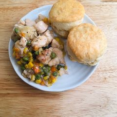 A picture of Chicken Pot “No Pie” with Buttermilk Biscuits.