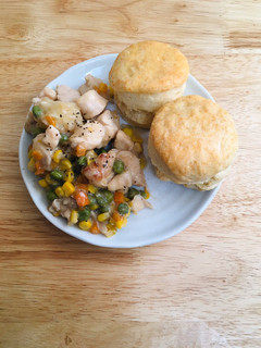 A picture of Chicken Pot “No Pie” with Buttermilk Biscuits.