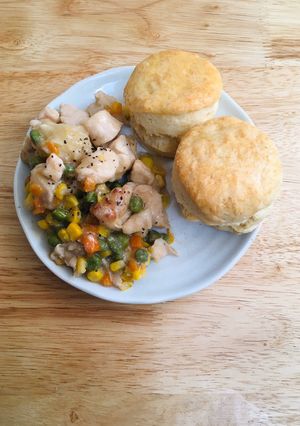 A picture of Chicken Pot “No Pie” with Buttermilk Biscuits.