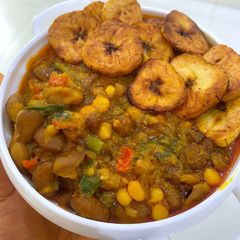 A picture of Adalu and fried plantain.