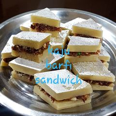 A picture of Kaju Burfi Sandwich with leftover kaju burfi.