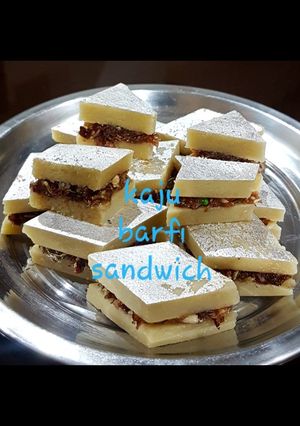 A picture of Kaju Burfi Sandwich with leftover kaju burfi.