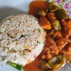 Chicken Manchurian with fried rice A picture of Chicken Manchurian with fried rice.
