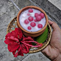 A picture of Hibiscus Thai rice balls dunk in coconut milk.