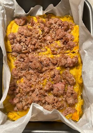 Foto di Zucca patate e salsiccia al forno