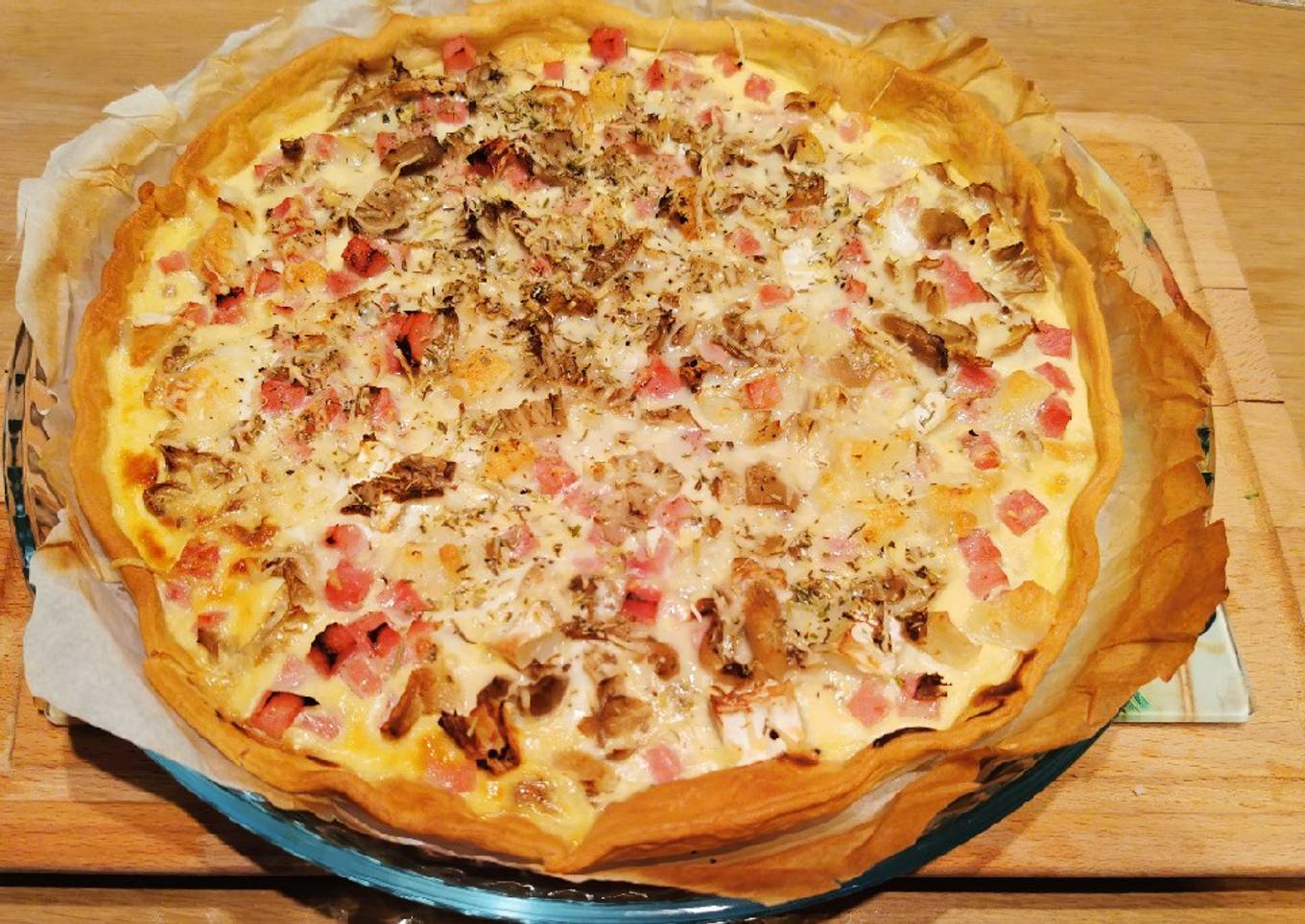 Quiche aux pleurotes, jambon, chèvre