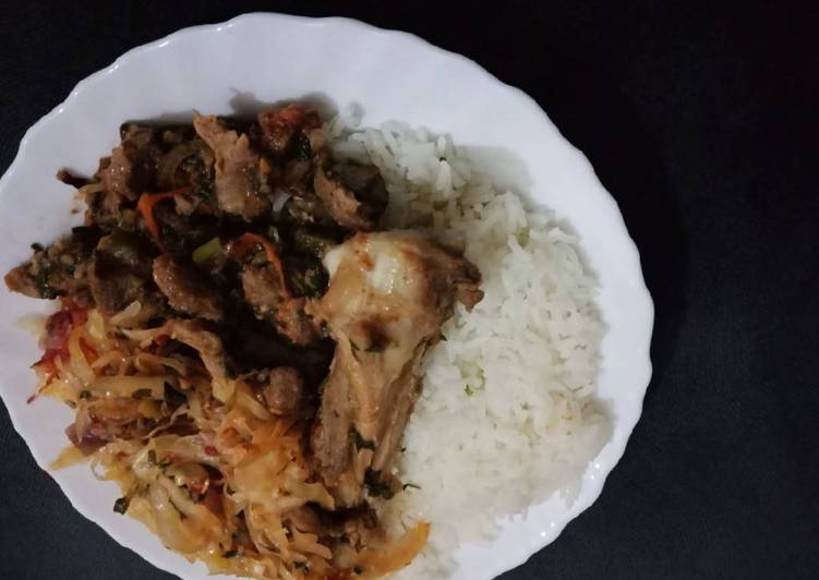 Fried Goat Meat Cabbages and Rice