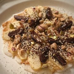 A picture of Gluten-Free Dessert Pizza with Miso Cream & Dates.