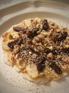 A picture of Gluten-Free Dessert Pizza with Miso Cream & Dates.