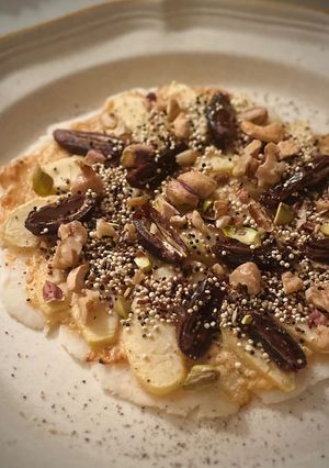 A picture of Gluten-Free Dessert Pizza with Miso Cream & Dates.