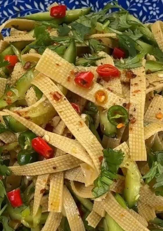 A picture of Chinese Tofu Sheets and Cucumber Salad.