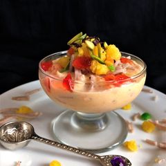 A picture of Noodles Custard with Boondi Laddu and jelly.