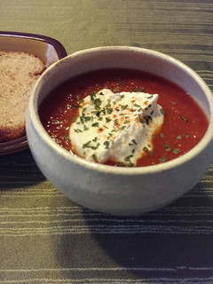A picture of Roasted Red Pepper and Tomato Soup.