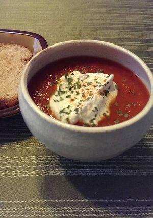 A picture of Roasted Red Pepper and Tomato Soup.