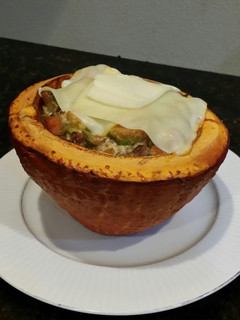 A picture of Brad's Hubbard squash-kin with harvest stuffing.