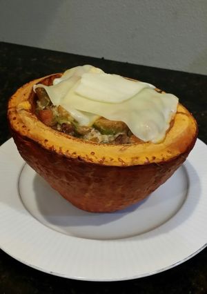 A picture of Brad's Hubbard squash-kin with harvest stuffing.