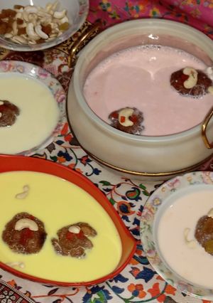 A picture of Gulab jamun with Rabri rose flavour and in butter scotch, vanilla, rajbhog flavour.