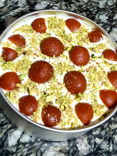 A picture of Gulab jamun cheese cake.
