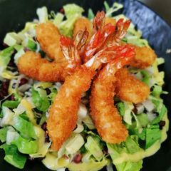 A picture of Shrimp tempura with green salad.