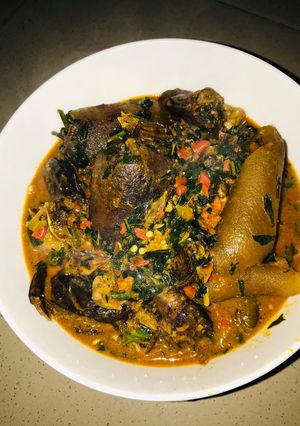 A picture of Six ingredients ogbono soup.