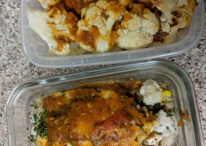 Baked cauliflower tilapia over quinoa with tomato curry sauce
