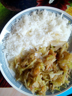 A picture of Rice served with fried cabbage.
