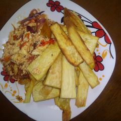 Fried yam and scrambled egg A picture of Fried yam and scrambled egg.