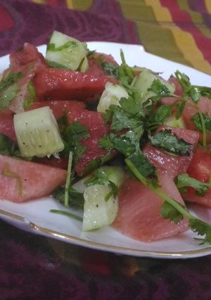 A picture of Watermelon cucumber salad.