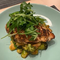 A picture of Mustard Glazed Chicken with Roasted Sprouts, Broccoli & low carb protein noodles (keto friendly).