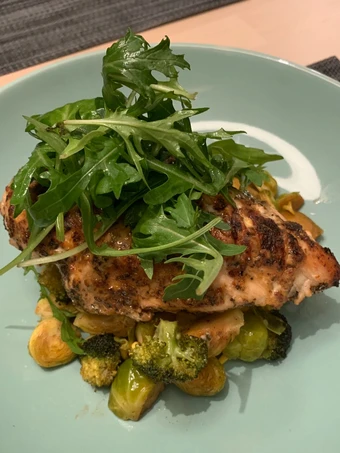 Recipe Mustard Glazed Chicken with Roasted Sprouts, Broccoli &amp; low carb protein noodles (keto friendly) the  Makes Drooling Can spoil the tongue