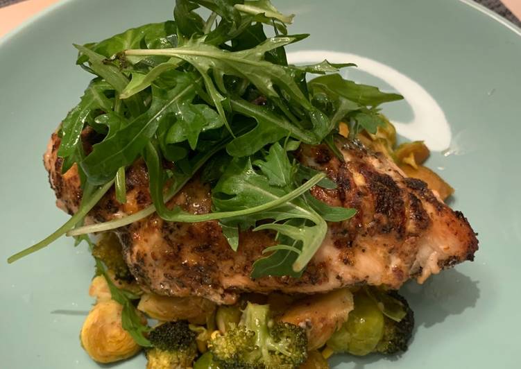 Steps to Make Award-winning Mustard Glazed Chicken with Roasted Sprouts, Broccoli &amp; low carb protein noodles (keto friendly)